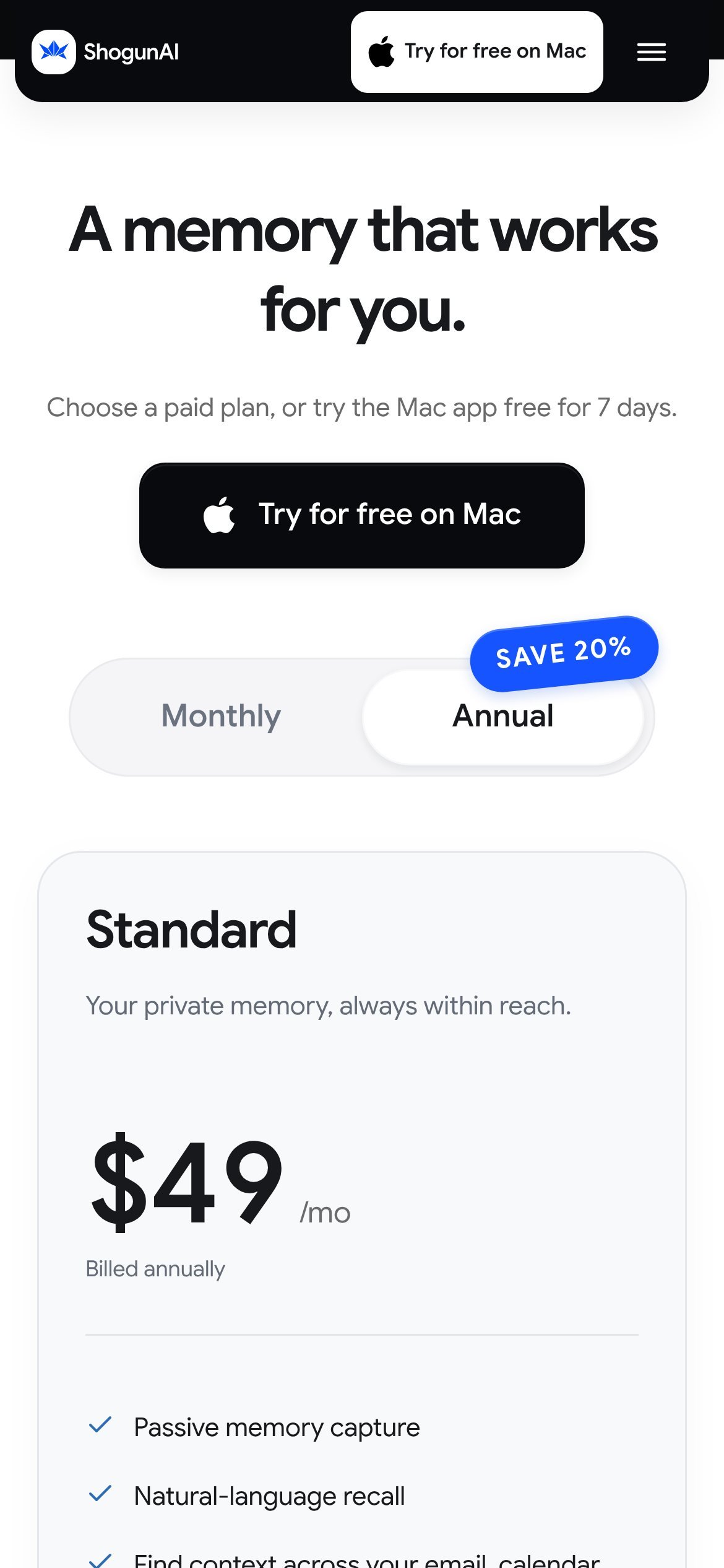 The ShogunAI plans section on a phone, with the monthly and annual toggle and the Standard plan