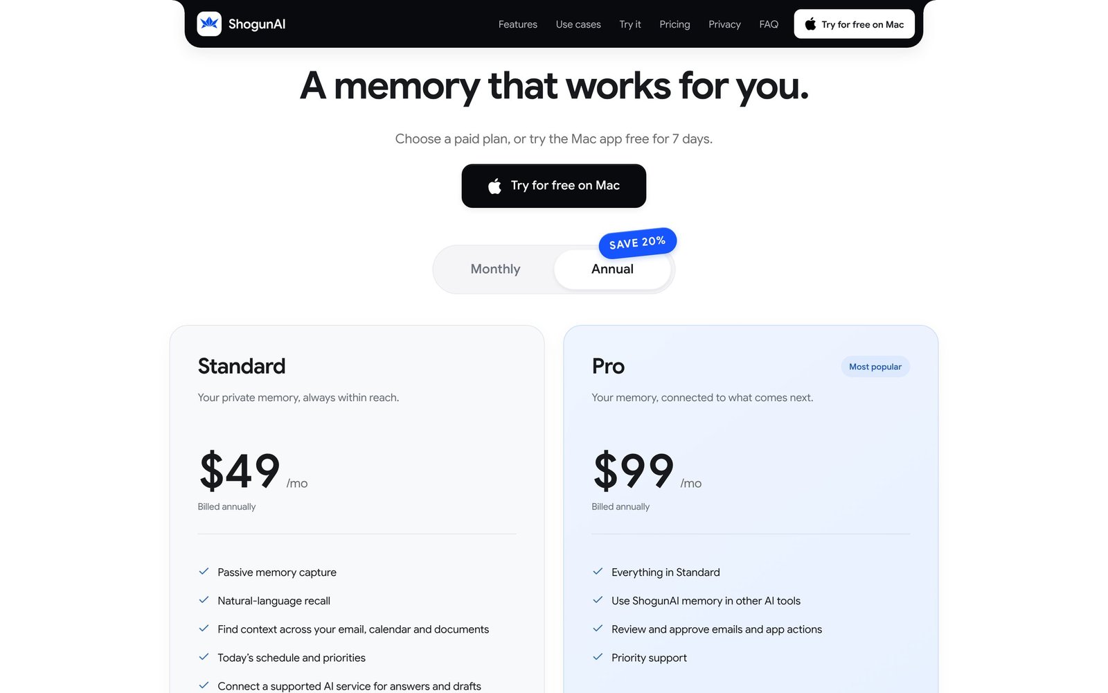 The ShogunAI plans section with the Standard plan at 49 dollars and the Pro plan at 99 dollars a month, billed annually