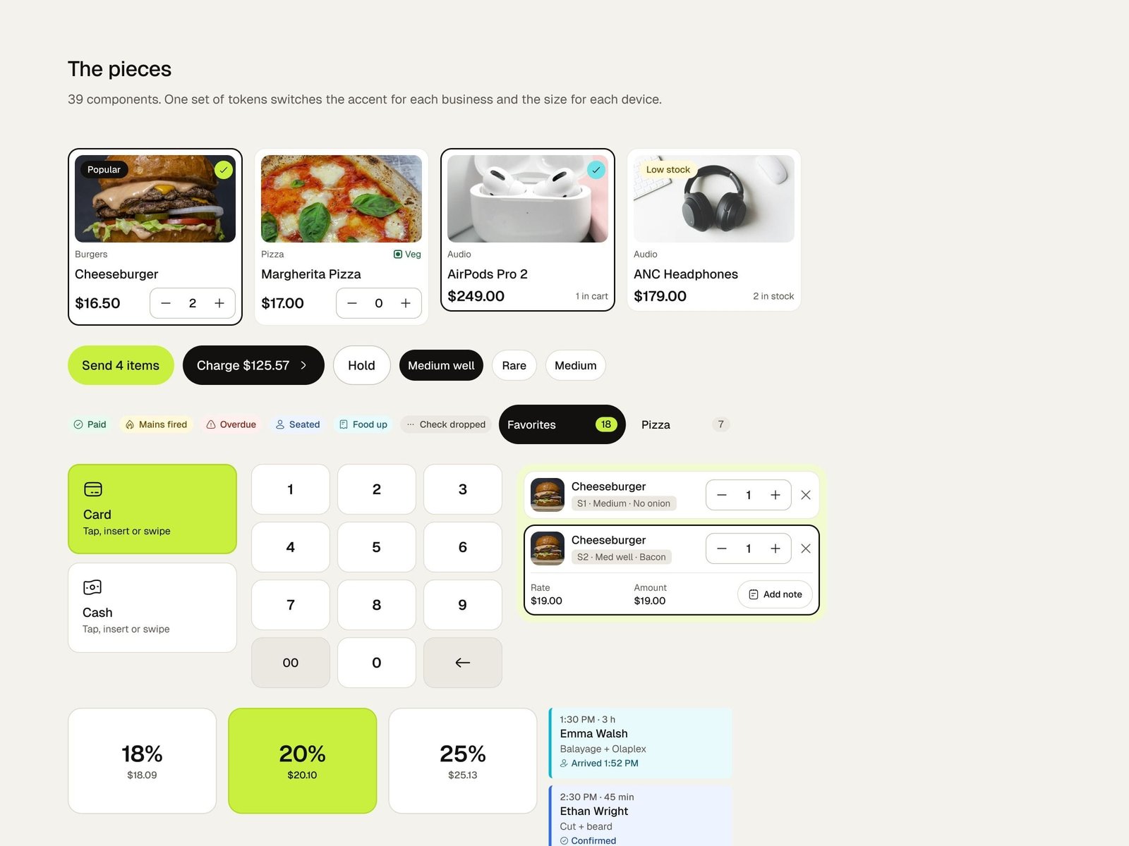 Tabula components: product cards, buttons, a keypad, tip options and order rows