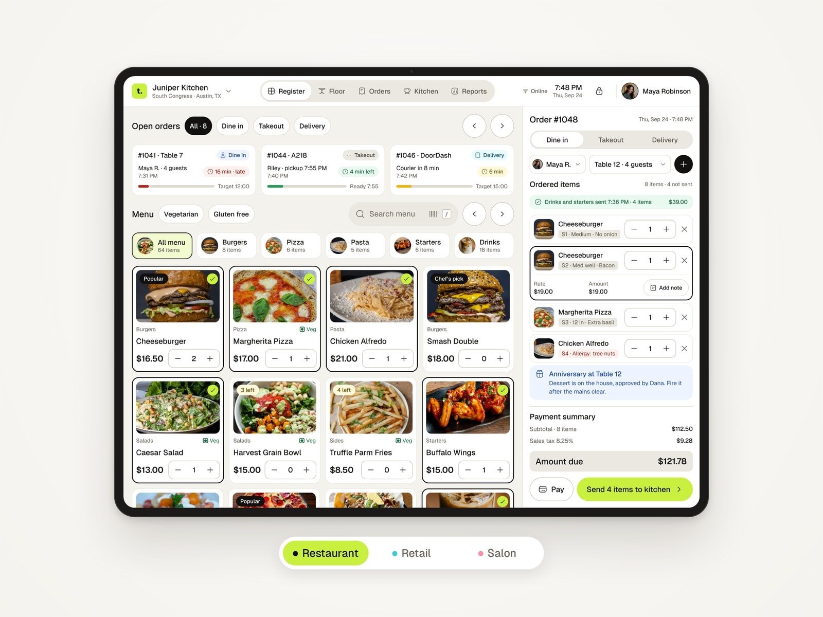 The Tabula restaurant register on a tablet: open orders, the photo menu and the order for one table, with a switch between restaurant, retail and salon below