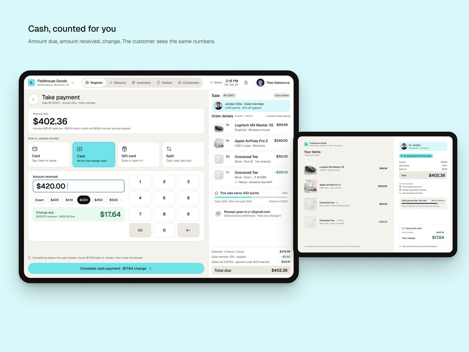 Tabula retail cash checkout with the amount due, quick amounts for cash received, the change due, and the customer facing display