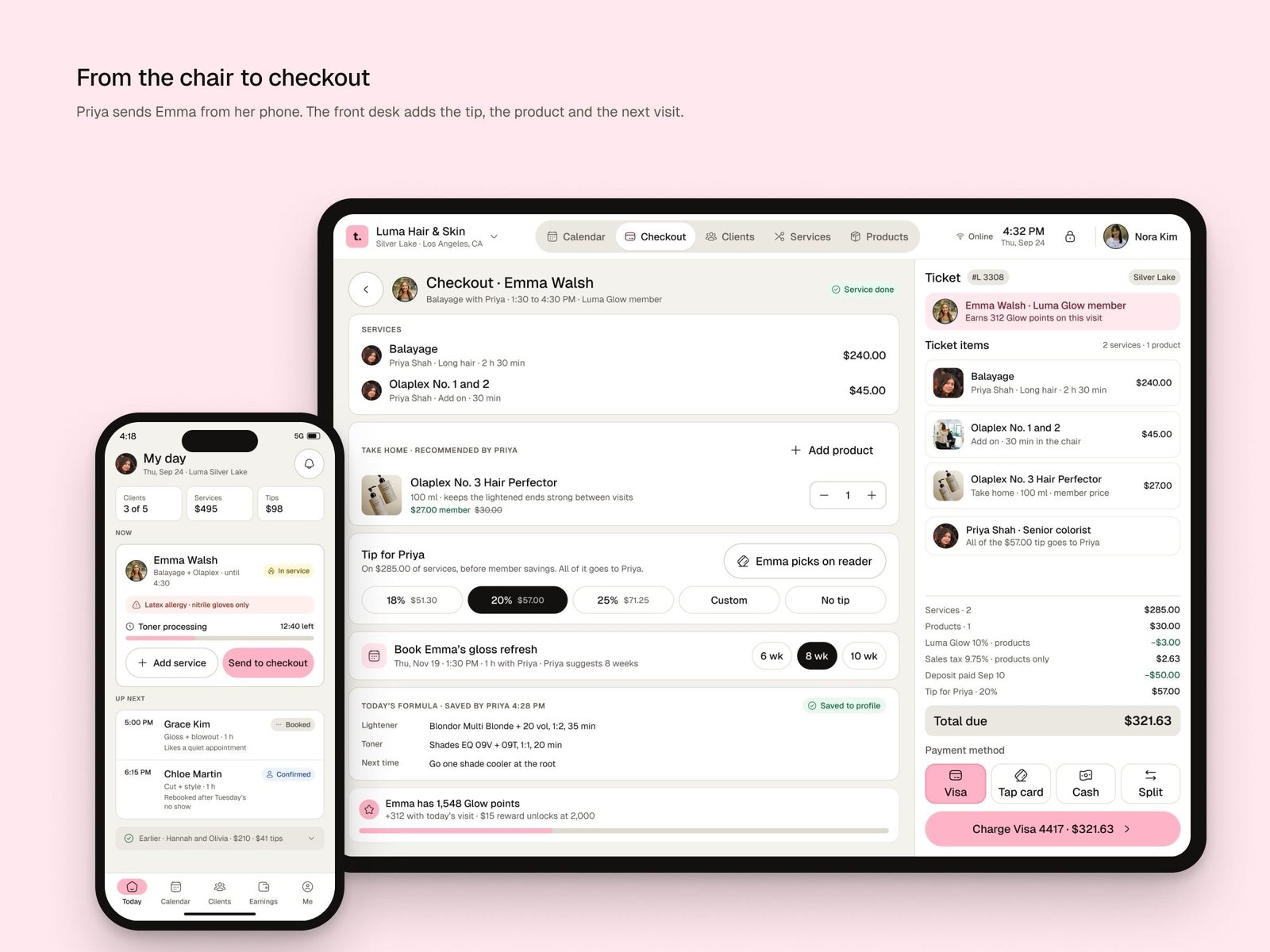 Tabula salon checkout on a tablet with services, a recommended product, the tip and the next visit, beside the stylist phone