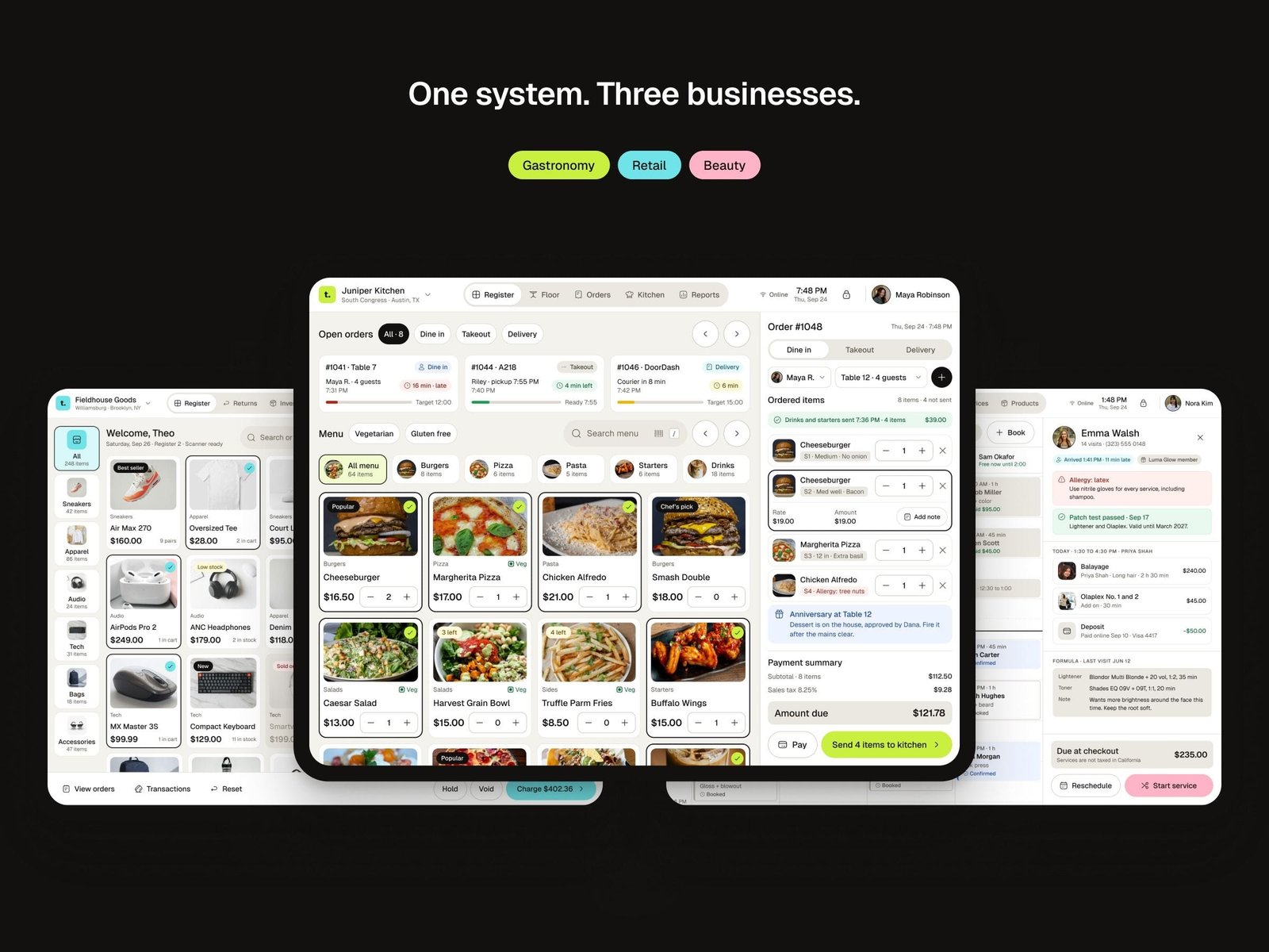 Tabula registers for a retail store, a restaurant and a salon side by side, each in its own accent colour