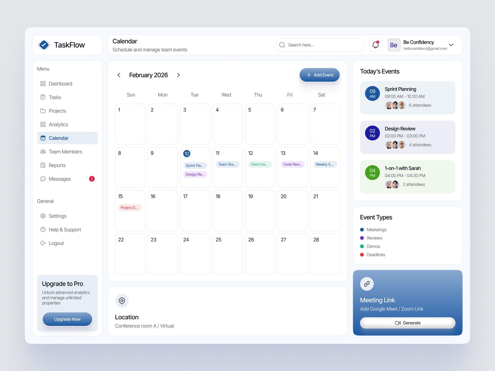 TaskFlow calendar view with scheduled tasks