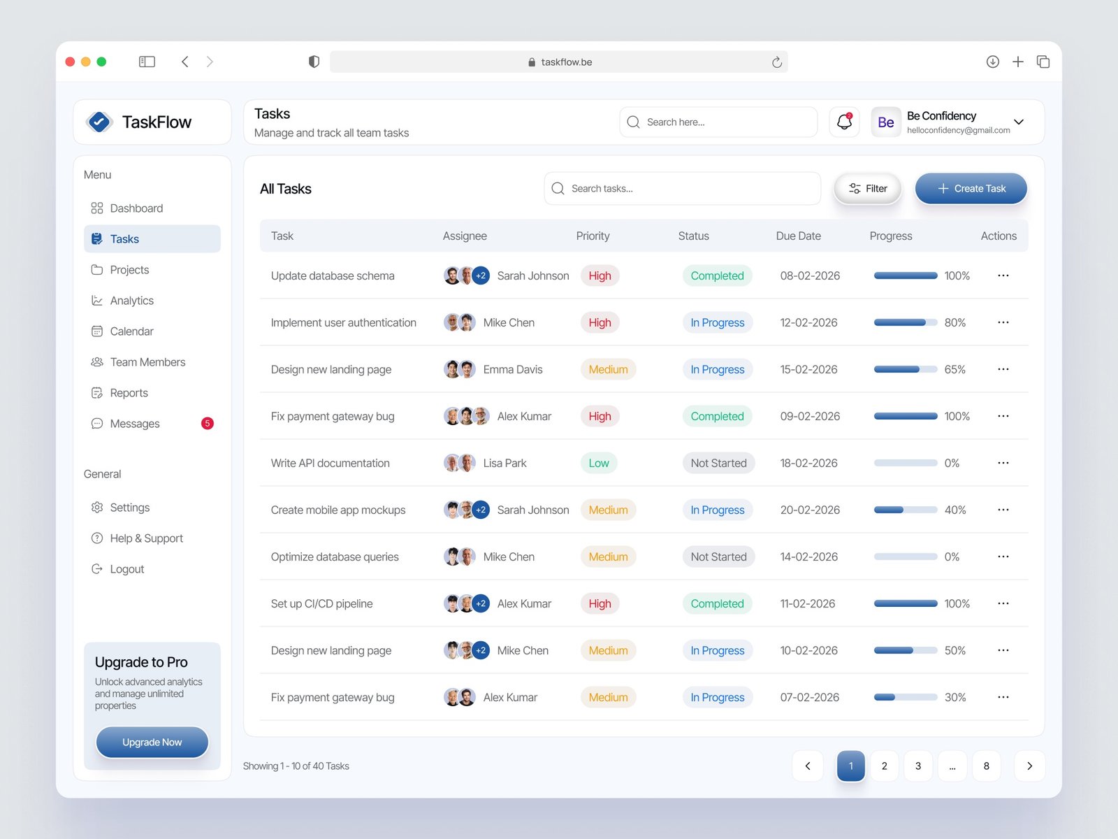 TaskFlow tasks view with list, filters and priorities