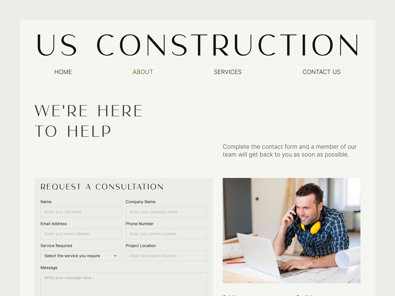 US Construction inner page design in a desktop mockup